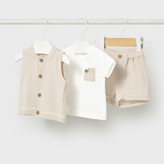 Бебешки памучен комплект от 3 части с плетен елек Mayoral за момче